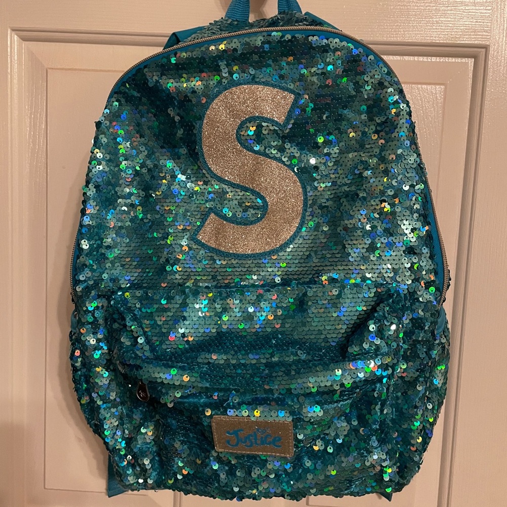 Justice turquoise sequin S monogram backpack